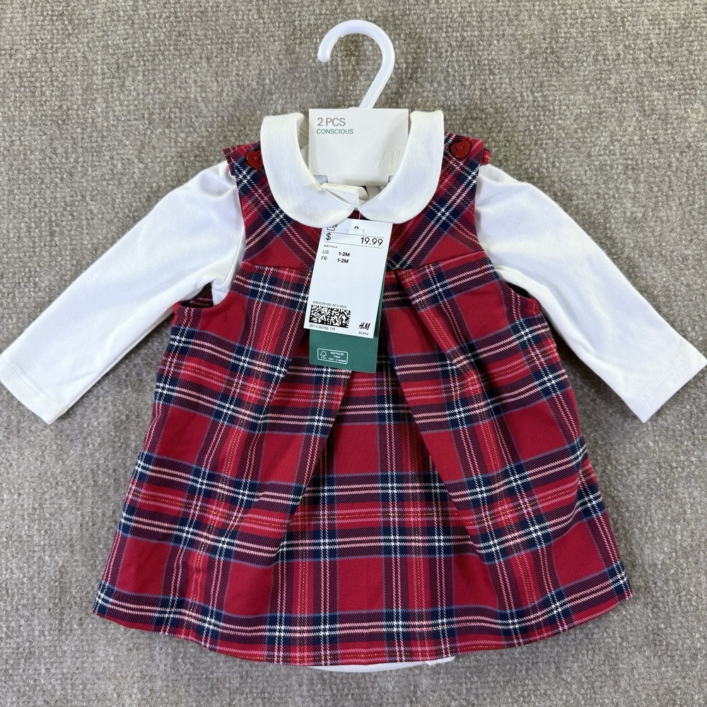 H&M Baby Girls 2 Piece Jumper Bodysuit Set Plaid Pinafore Style Dress 1-2 Month